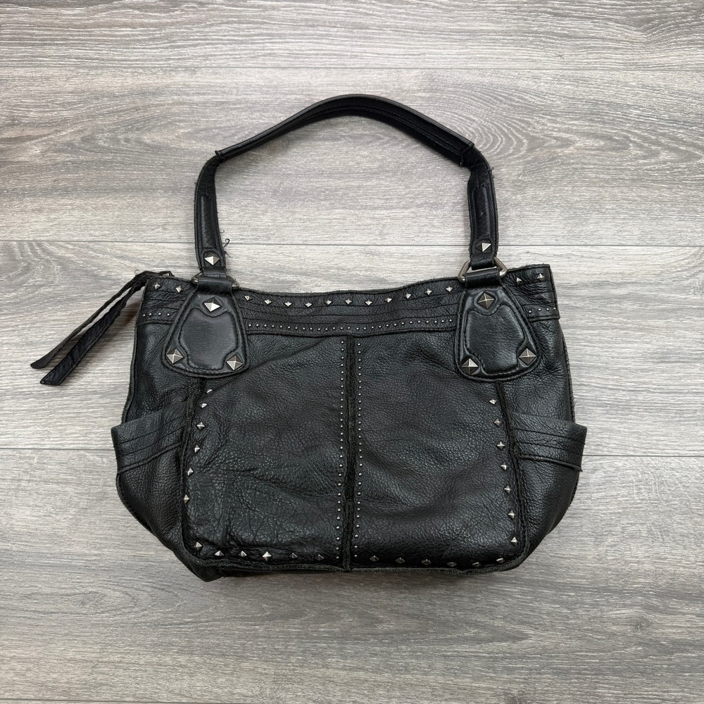 B Makowsky Pebbled Leather Studded Hobo Shoulder Handbag Moto Biker Purse Y2K